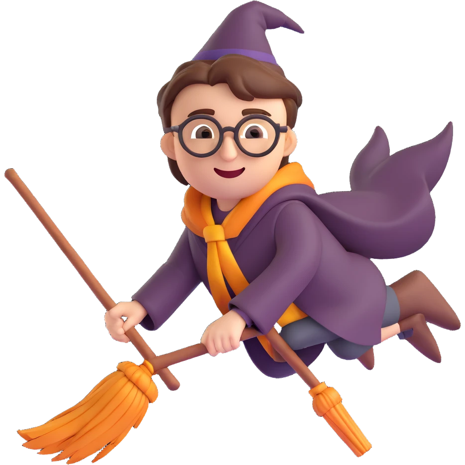 Harry Potter emoji flying on a broomstick, glasses, happy emoji