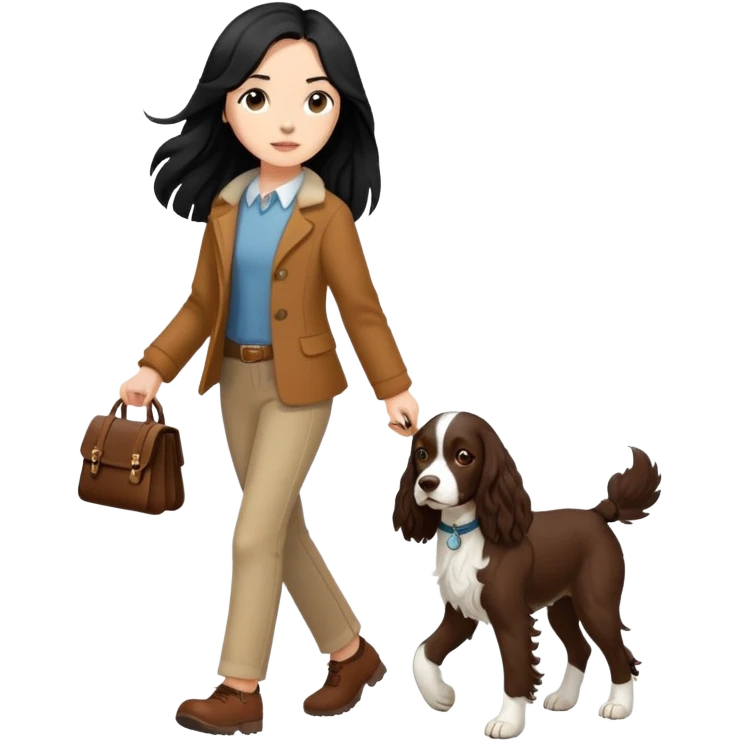 A girl with long black hair walks a brown springer spaniel emoji