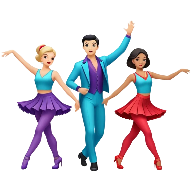 "Icon for Contemporary Dance: a synchronized guys and girls group performance on stage with backup dancers, bright stage lighting, and stylish dance outfits. The icon should capture the energy, precision, and excitement of a modern group dance performance. Transparent background. emoji