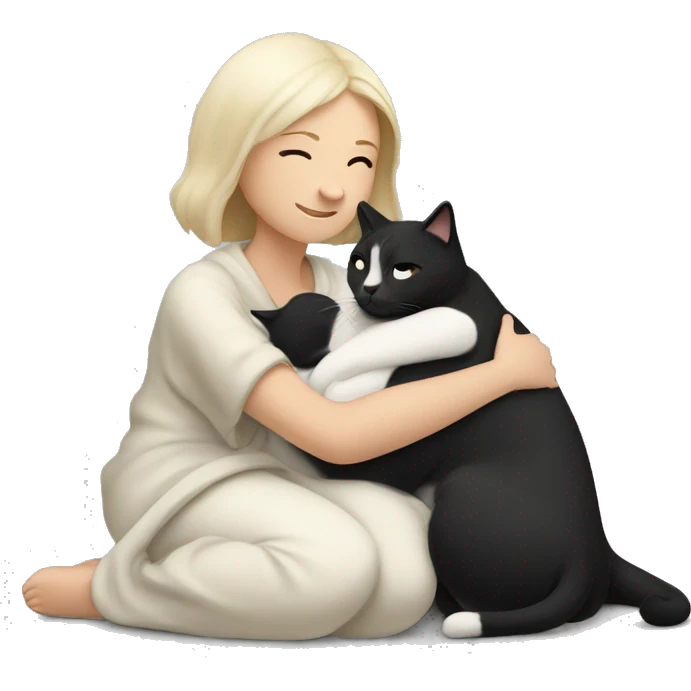 White lady snuggling with a black and white  cat with a blanket emoji