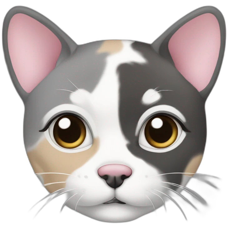 senior round diluted calico, white chin, black and pink nose, grey ears, grey and white emoji