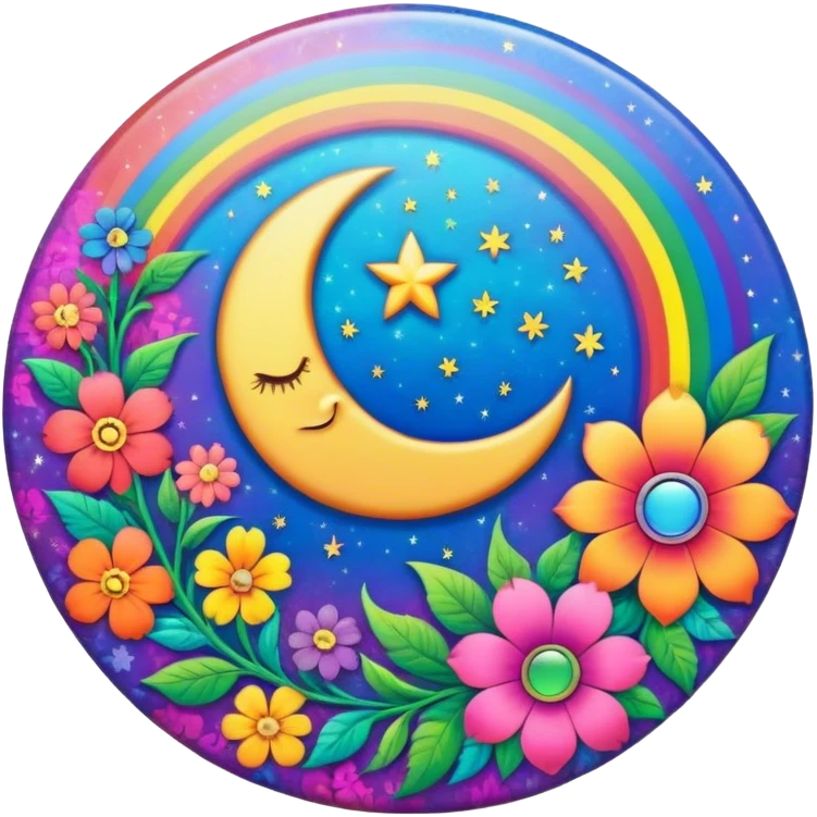 A round psychedelic colored button with a rainbow colored damask style moon and hippie flowers in the center emoji