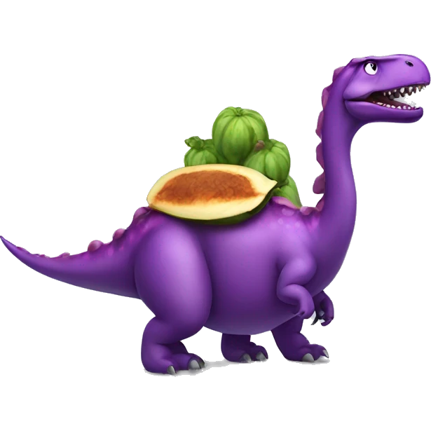 Dinosaur riding an eggplant with a bow emoji