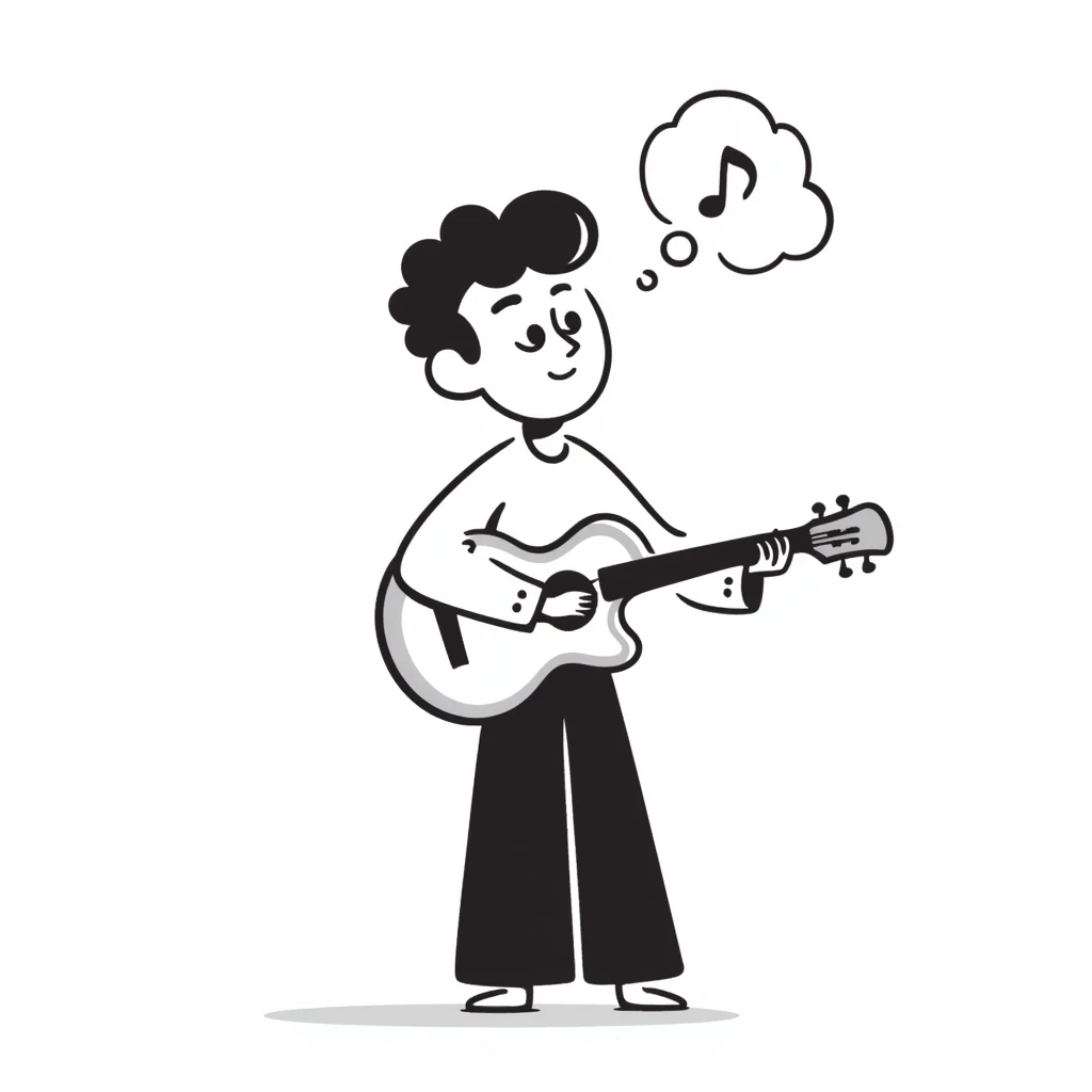 sad musician looking up with a pensive expression, thinking about music emoji