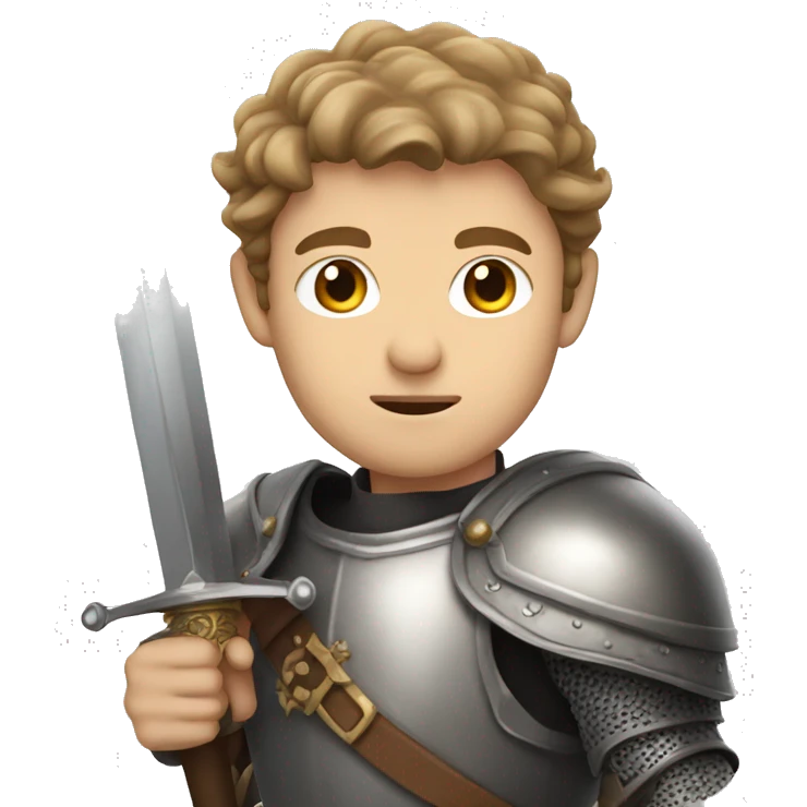 Man with gray eyes, light-brown hair, knight clothes, with sword emoji
