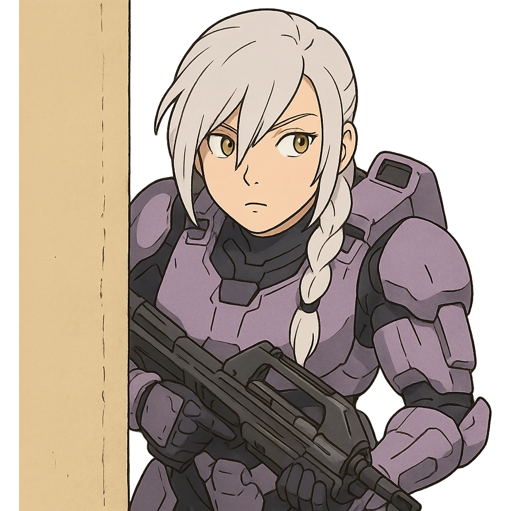 female, wearing reach spartan armor default, long white braid hair with massive messy front side single bangs, gold yellow eyes, attention pose, HALO:series, no helmet, the armor is lavender color scheme, shoulder pad off. DDD bust size fitting. Punk gothic cyberpunk, peeking around a corner wall with a classic halo1 ar emoji