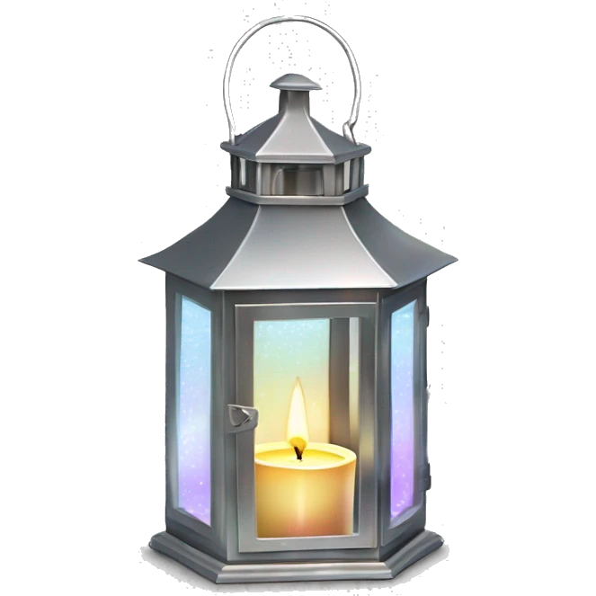 Realistic isolated metallic silver holographic lantern with glass windows and metallic silver lir candle inside. emoji