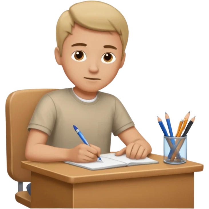 man sitting at a school desk, writing emoji