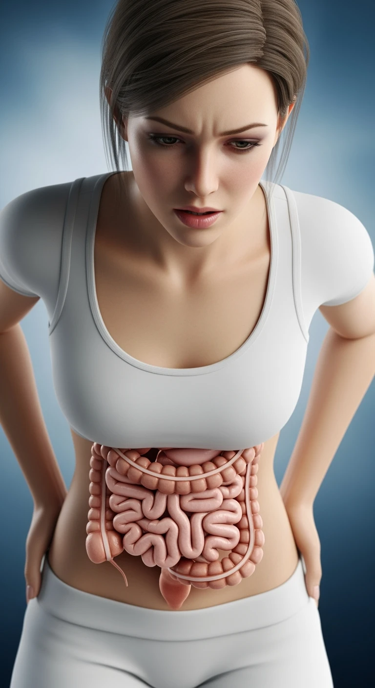 donna stressata con intestino umano anatomico in evidenza, iperrealistica 4k emoji