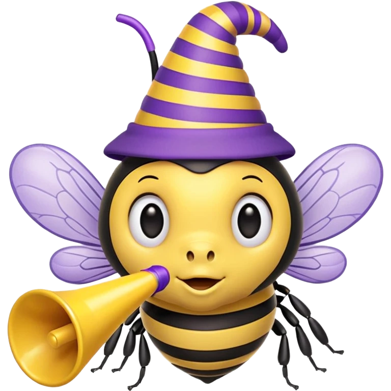 a Bee with purle Birthday Hat, Bee blowing party horn emoji
