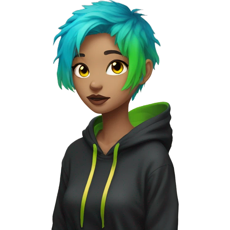 Lady with brunette and iridescent blue hair, gold, lime green dragon wings, black hoodie, bleach dyed, black and gold Nike t shirt, and bright red eyes emoji