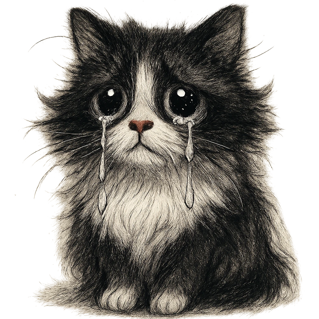 a fluffy black and white cat with big teary eyes, unique style emoji