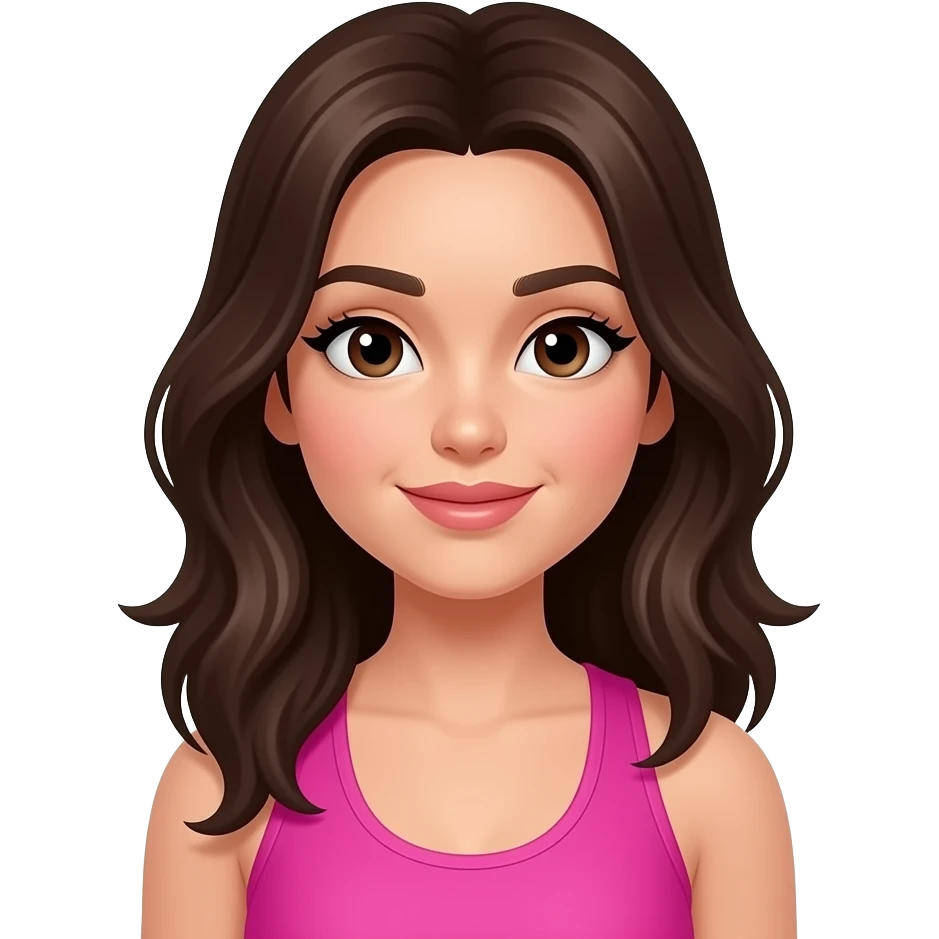 Gym girl, dark brown hair, wearing pink emoji