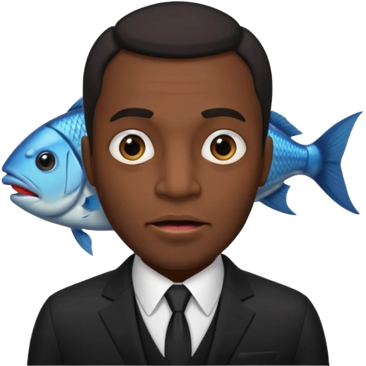 A man dressed in a black suit. His face is that of a fish — therefore, he has NO human face!! The fish’s face is positioned vertically, meaning its mouth is facing upward. Ok? emoji