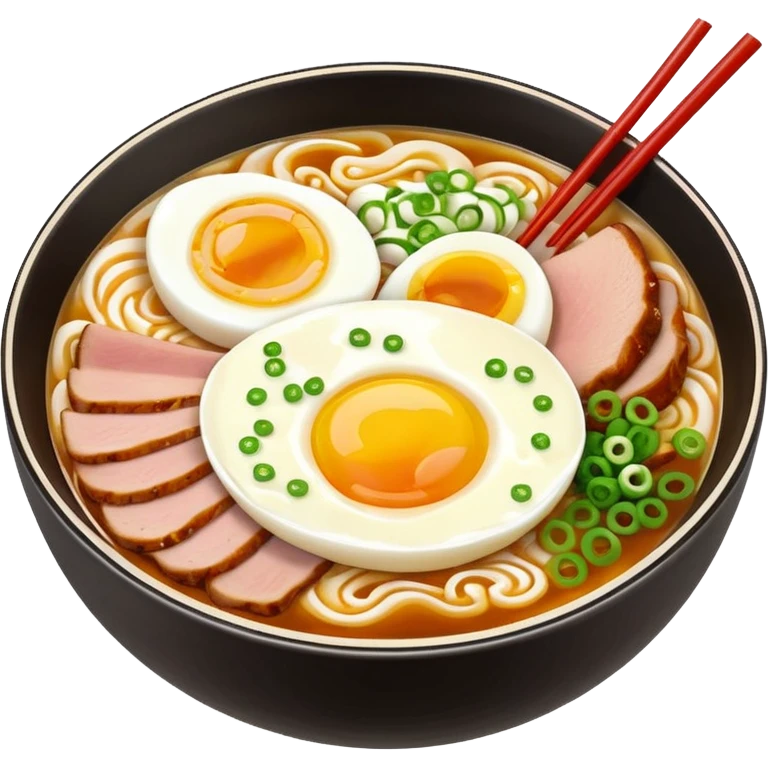 Create a realistic ramen bowl with broth, egg, pork slices & toppings. emoji