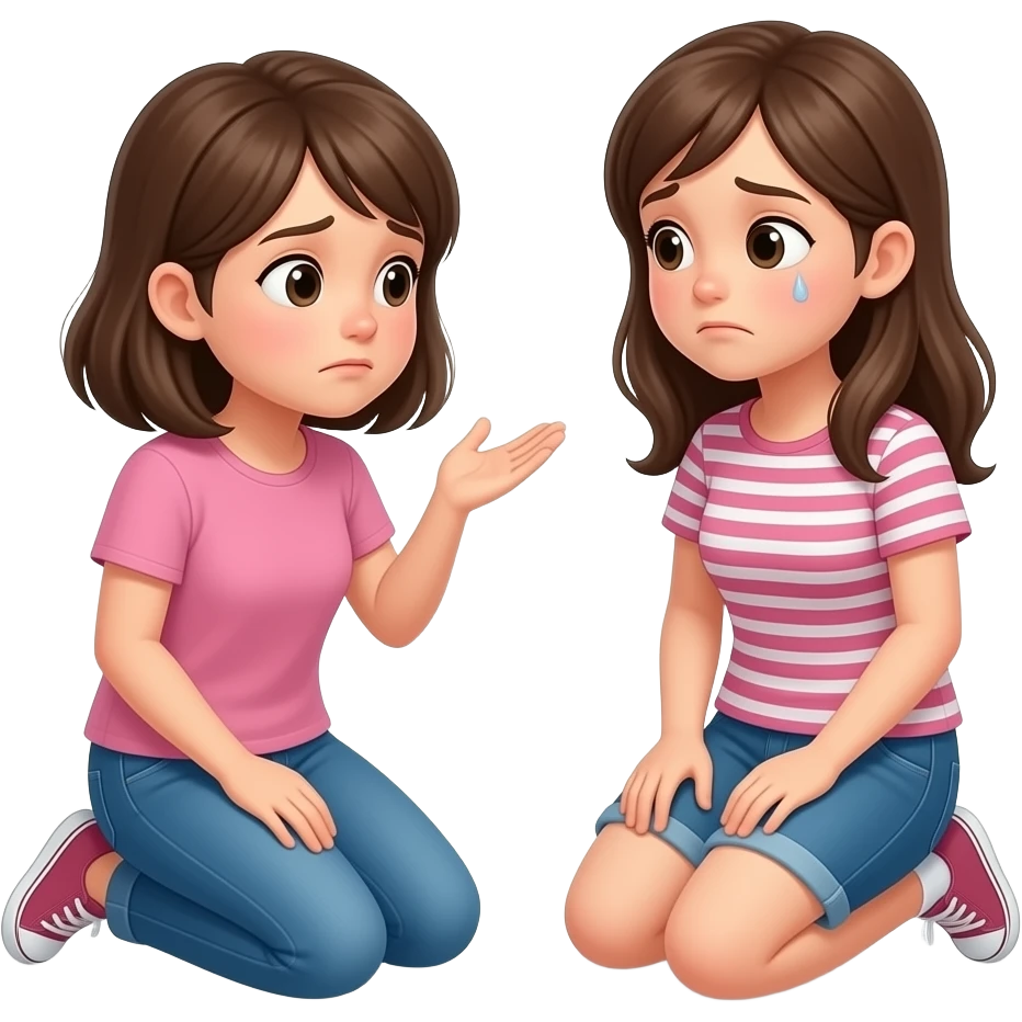 a girl kneeling on knees saying sorry to another girl emoji