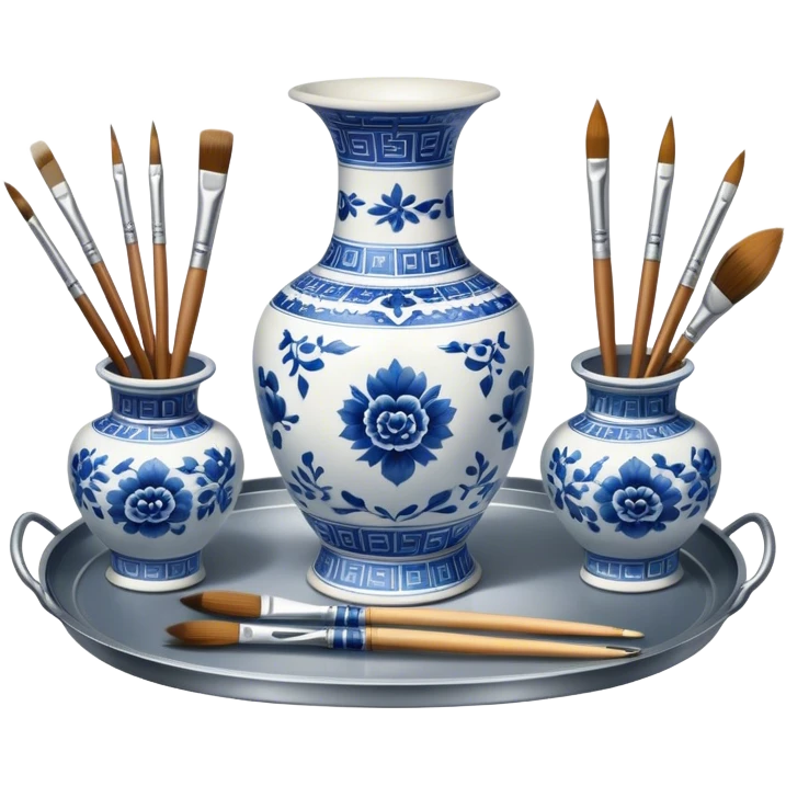 Metal painting icon, a metal vase with intricate designs in Gzhel and Chinese embroidery styles, placed on a metal tray, 3 paintbrushes beside it, minimalistic style, clean lines, transparent background. emoji