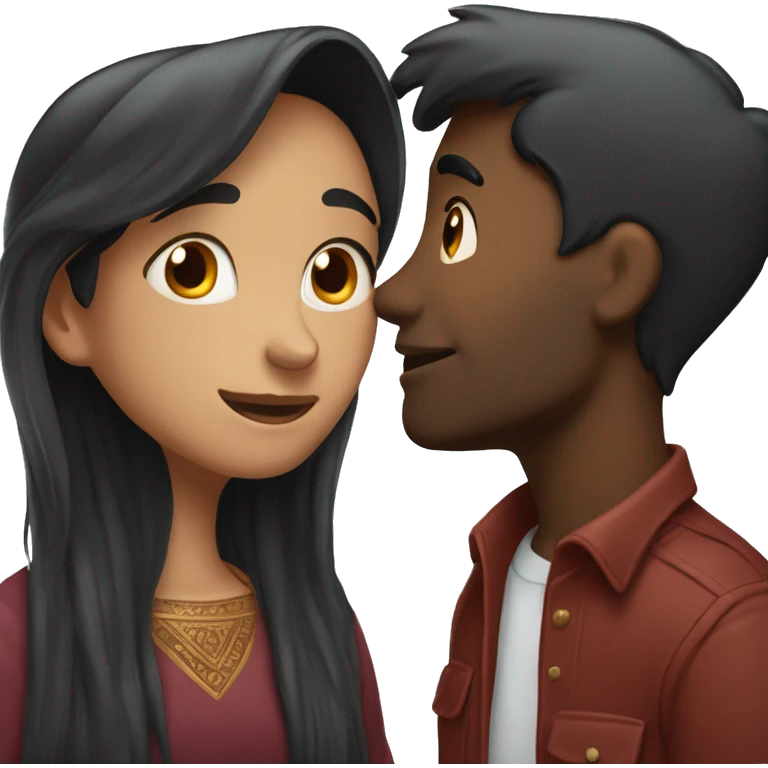 face to face hugging between a 30 years old white russian black long hair girl and a 35 years old indian maroon boy with black hair emoji