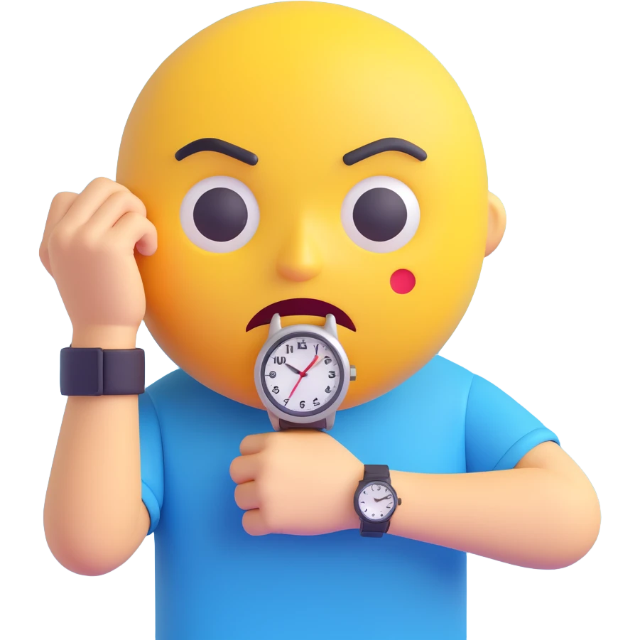 A yellow emoji face with a worried expression, looking at a wristwatch with raised eyebrows, showing urgency and stress emoji