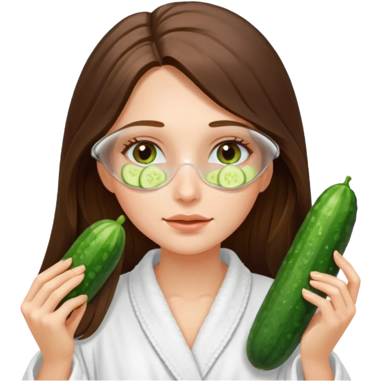 white long brunette hair girl with hazel eyes in a bathrobe with cucumber slices covering her eyes emoji