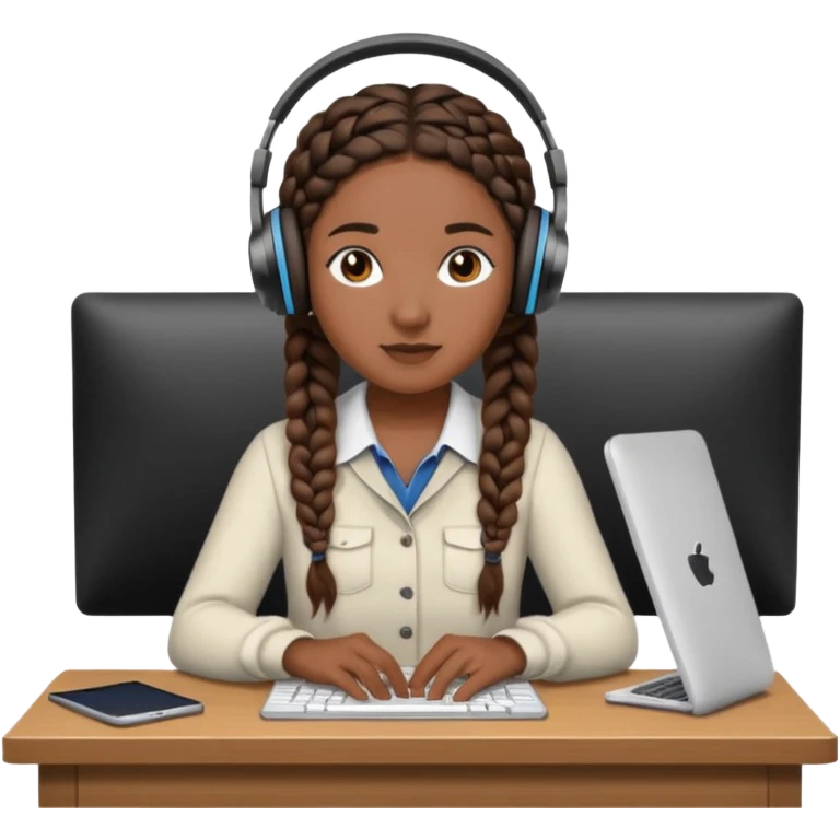 realistic dark brown skinned female with braids leaving desk with headphones on emoji