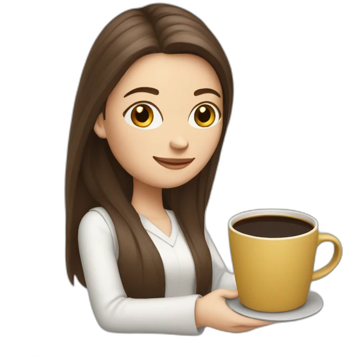 woman with long straight brown hair and pale skin holding laptops and coffee mugs emoji