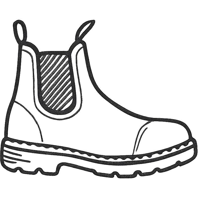 hand-drawn sketch style single Blundstone boot, side view, brown, visible stitching and sole emoji