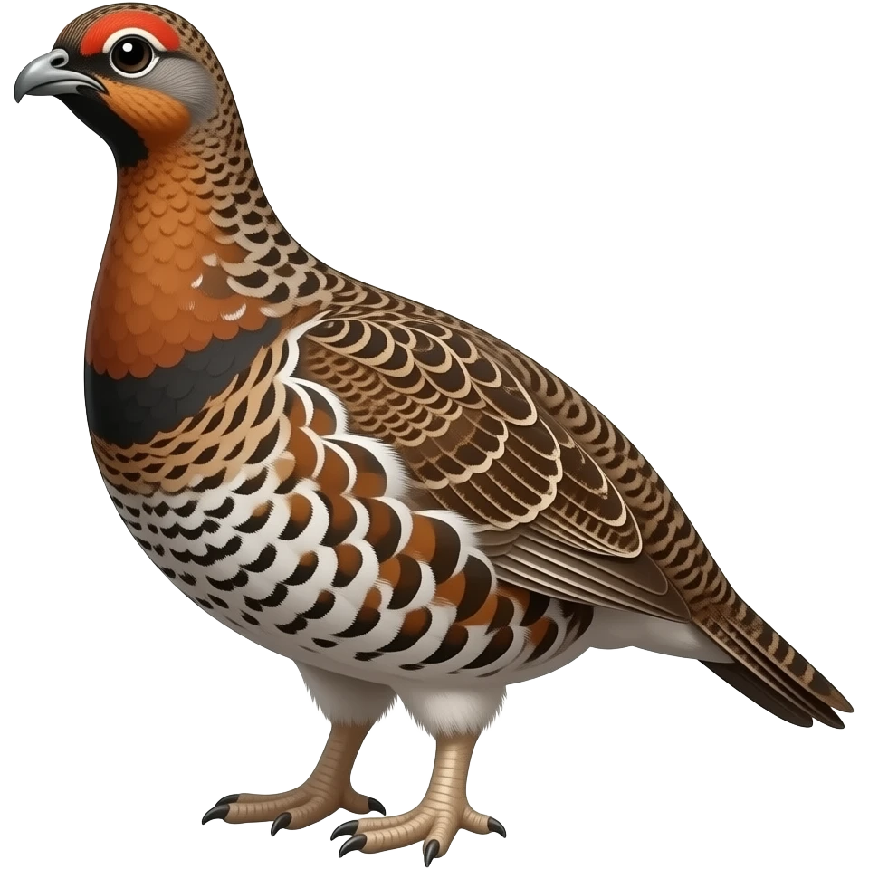 surrealistic - a plucked, tattooed wild grouse with grown thick male feet like a Hobbit, shown at a 45 degree angle emoji