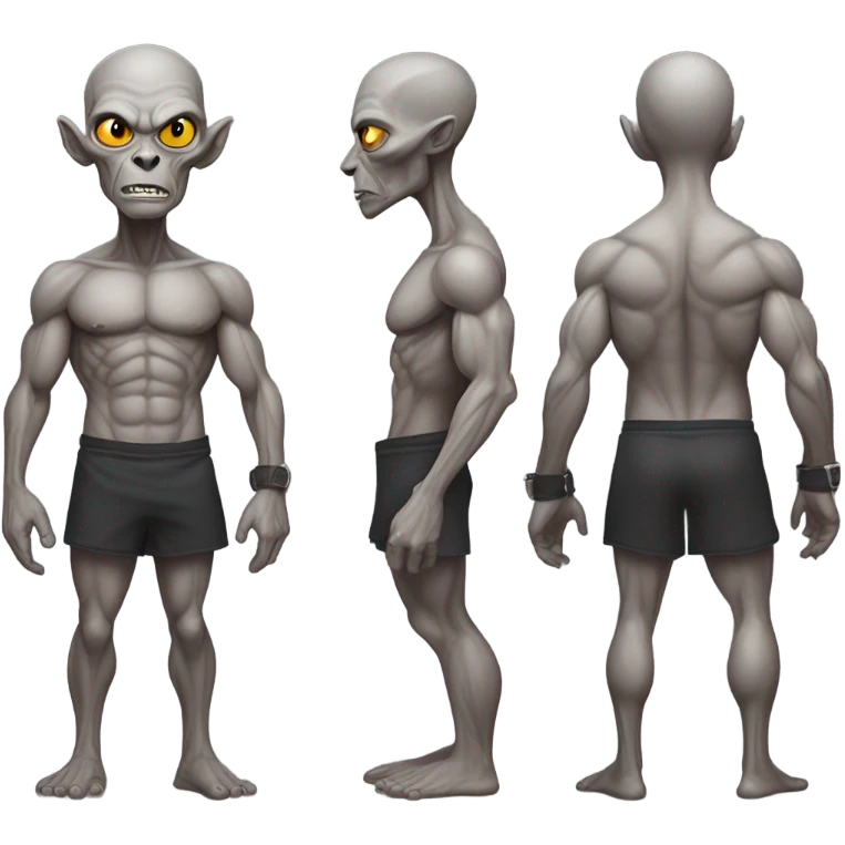 gray alien thug shirtless full, front and back view emoji