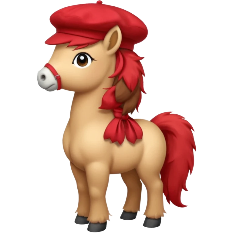 A cute pony (horse) emoji, full body, standing in side view, wearing a stylish red beret. emoji