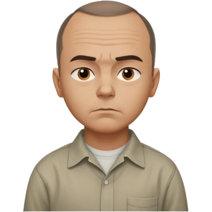 Carl from Sling Blade, serious expression, very detailed features,very recognizable features, chin sticking out, slouching posture, no glasses, shirt with collar,show his entire body, he is standing. three-quarter face angle view. He sticks his head forward. less apple style emoji.  emoji
