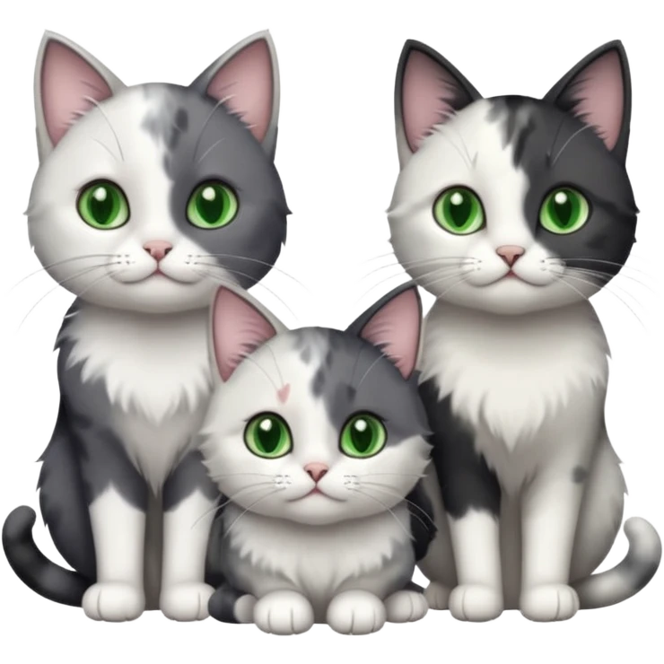3 different coloured small cats including a dark grey and white, and a patchy calico and a completely solid dark grey with green eyes and only white paws emoji