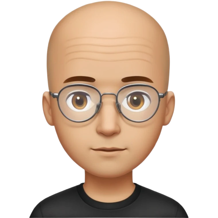 Man with small oval face and big forehead, aviator-style glasses, completely bald/shaved sides with very short curly dark hair only on top of head, neutral-friendly expression, light brown skin, wearing a black shirt emoji