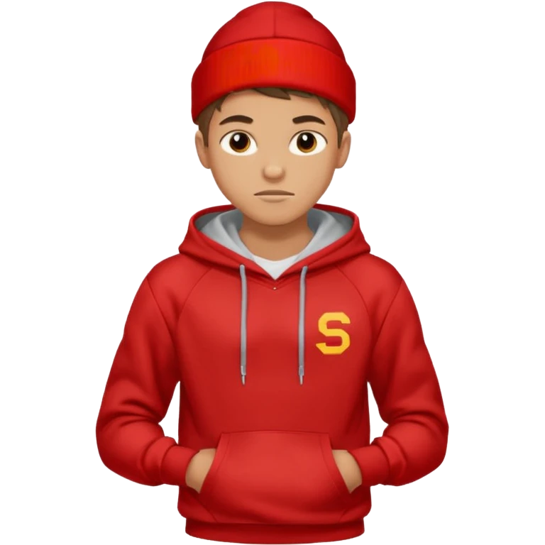 make me an emoji of an americain 19 yearold boy in a red hoodie that says "south" on it and give him with tan skin with his hands in his hands in his pocket not grining flexing his muscles emoji
