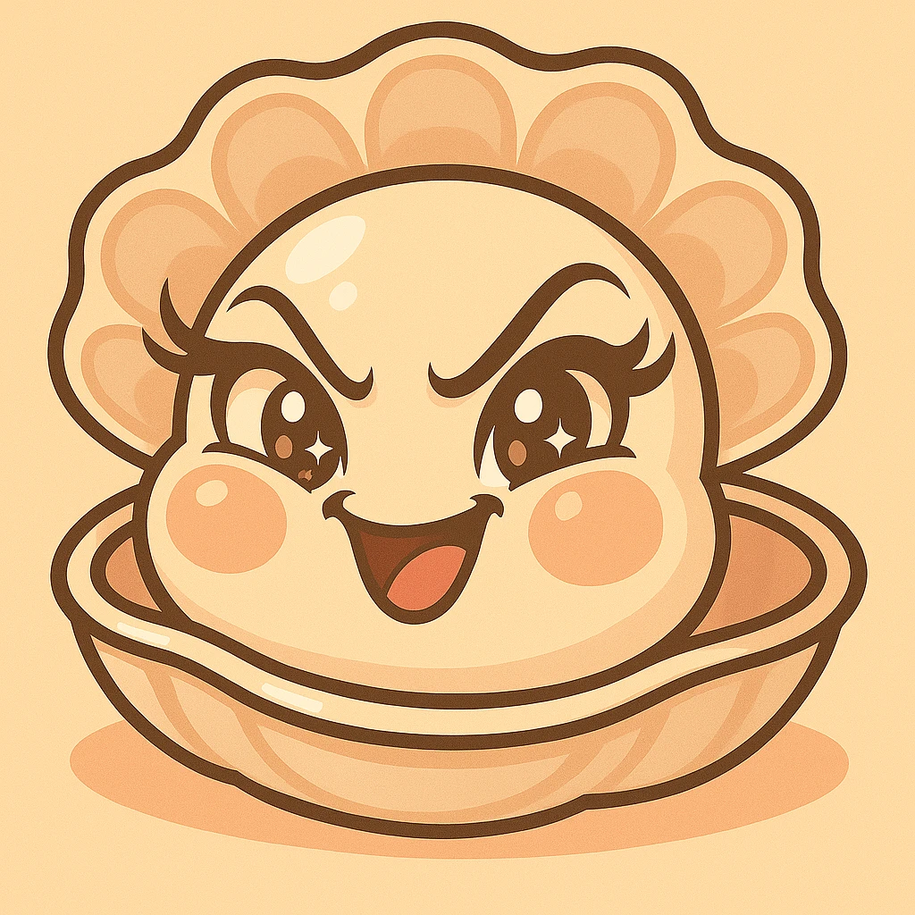 Enhance the contrasts of the image further while maintaining the very mischievous expression, very expressive and luminous eyes, elegant eyelashes, and the pastel toon style. Accentuate the pastel, pearly, cream, peach, and greige nuances strongly. Keep the big shell, the small oyster, and the background as is. emoji
