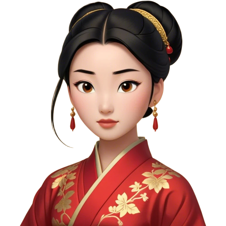 Cinematic Realistic Noble Mulan Portrait, depicted with lifelike, warm light-toned skin that reveals subtle texture and natural shadows. Her sleek black hair is intricately styled into a traditional bun with every strand rendered in exquisite detail, and her almond-shaped eyes, full of quiet resolve, are softly illuminated. She wears a meticulously detailed traditional robe with delicate red and gold accents, its rich fabric textures and gentle folds catching the light beautifully. The portrait radiates a natural, enchanting glow, capturing Mulan’s inner strength and timeless grace in a realistically painterly style. emoji