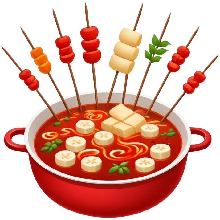 Spicy Hot Pot Skewers Malatang with various ingredients in red broth, simplified emoji style with bold outlines and bright colors, cartoon style Chinese street food bowl emoji