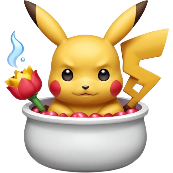 Un Pikachu rouge qui et triste avec des éclairs en fond et il a fait caca et pipi dans un pot  emoji