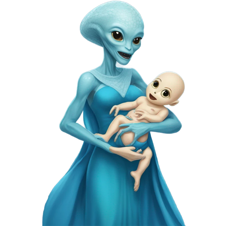  Reptilian alien woman , full body, in blu elegant dress , holds a newborn white humman baby emoji