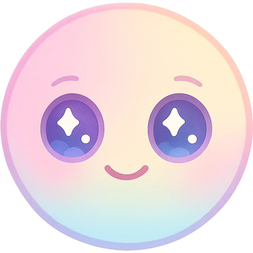 cute emoji, round face, big sparkling eyes, small smile, pastel colors emoji