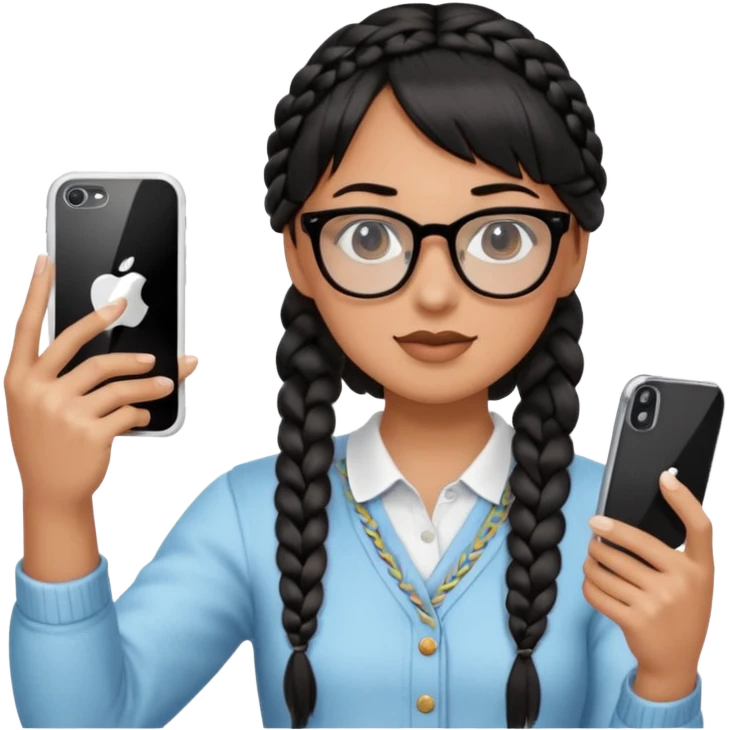 Black hair is braided to one side, braided to the left, and bangs, wearing horn-rimmed glasses, holding an iPhone white color and taking a mirror selfie so that Apple logo comes out emoji
