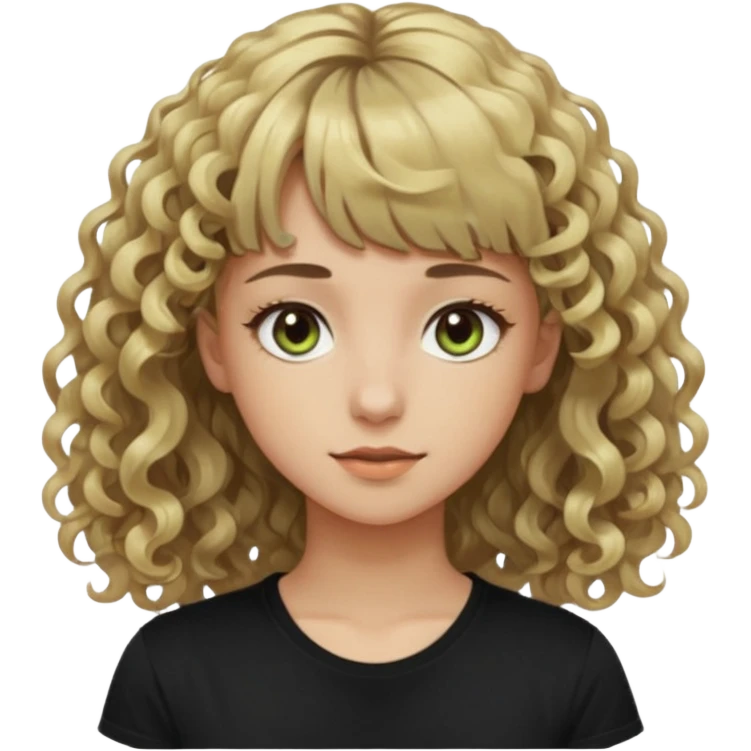 young woman wearing a black t shirt with curly dirty blonde hair, straight bangs, and hazel green & brown eyes. She has magical shadow powers like the Darkling in Shadow & Bone emoji