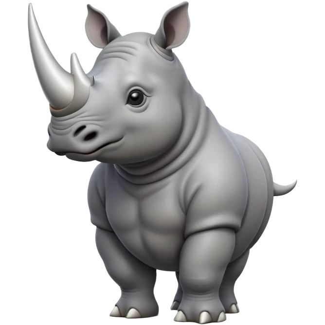 cinematic-rhino-full-body-standing-emoji,white horn, slate grey skin -massive-body-poised-powerfully,-thick-horn-curving-slightly-forward,-head-tilted-dramatically,-rough-grey-hide-covered-in-dust,-simplified-focused-features, large cute black eyes emoji