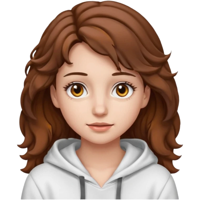Una ragazza con una felpa semplice bianca,ha gli occhi marroni,i capelli marroni  , c’è gli ha lunghi e ricci ma non troppo e ha le ciglia stile emoji apple emoji