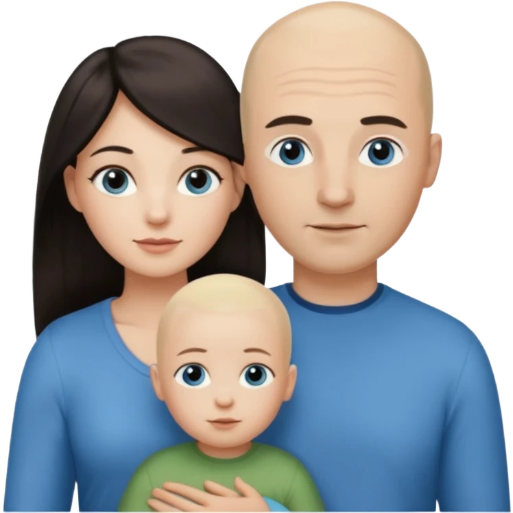 Eigene Familienbild mit 3 Personen; Frau mit dunklen Augen und dunkle lange Haare; Mann mit Vollglatze und Blaue Auge;  kleinkind mit blonden Haaren und dunklen Augen emoji