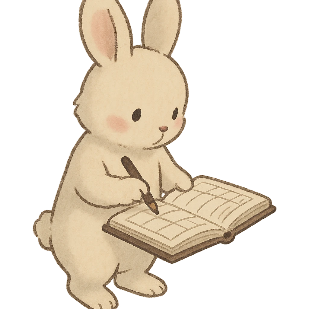 cream bunny writing in planner, standing, soft Ghibli style emoji