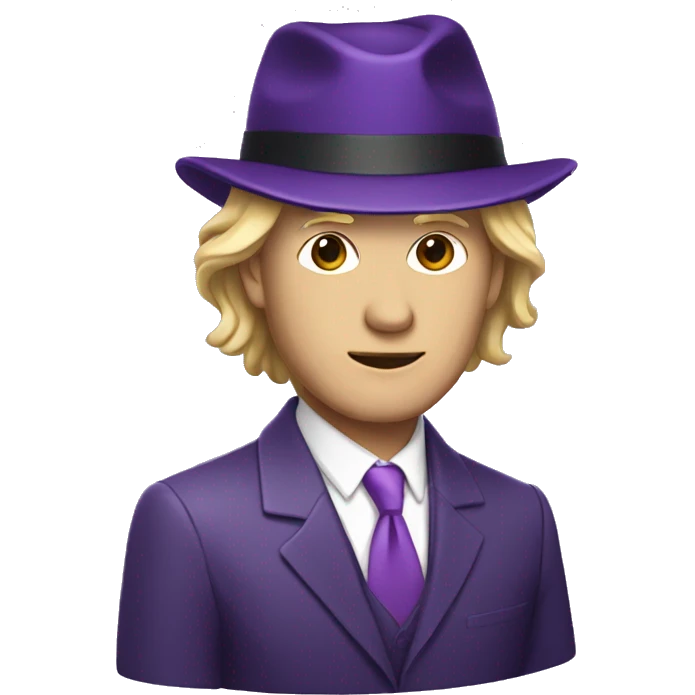 Man in purple suit with a dark purple hat over face, blond hair emoji