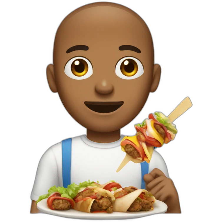 a brown skinned man, emaciated face with short curly hair eating a kebab emoji