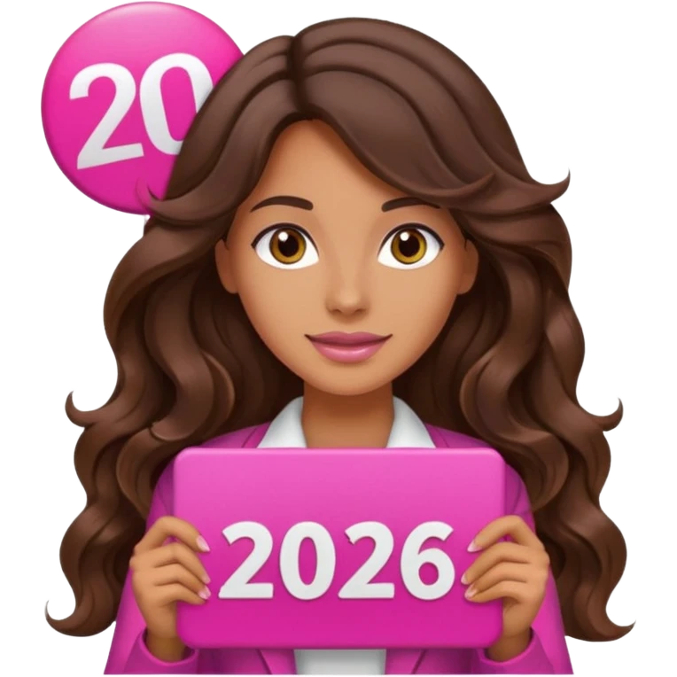 2026 sign with brunette tanned long wavy hair woman pink vibes emoji