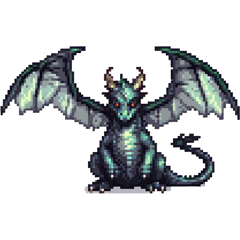 Make the wings even bigger on this black dragon with two medium horns, keep pixel art style and no background. emoji